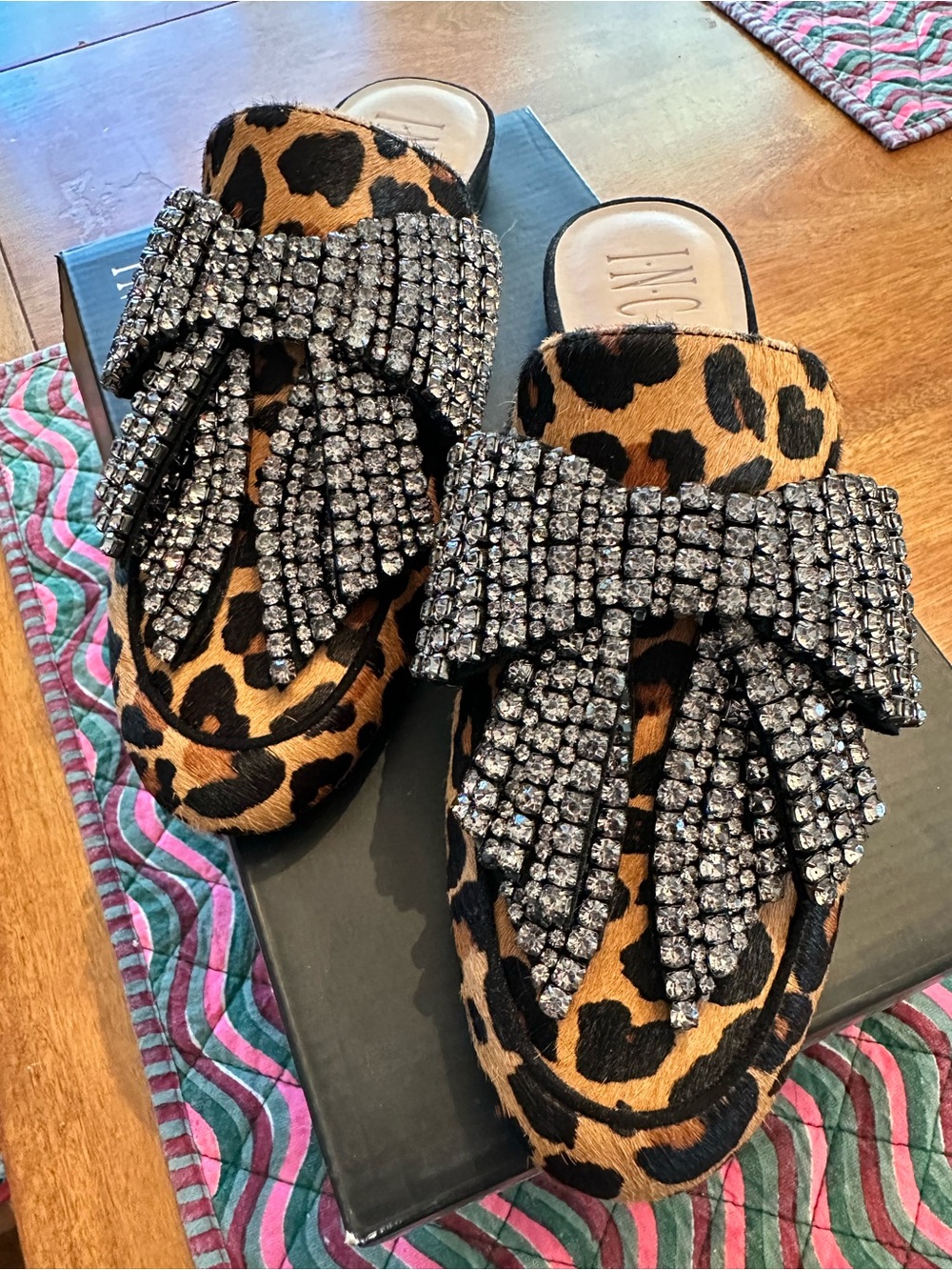 NWT Leopard Print Slide Mules with Crystal Bow, International Concepts INC